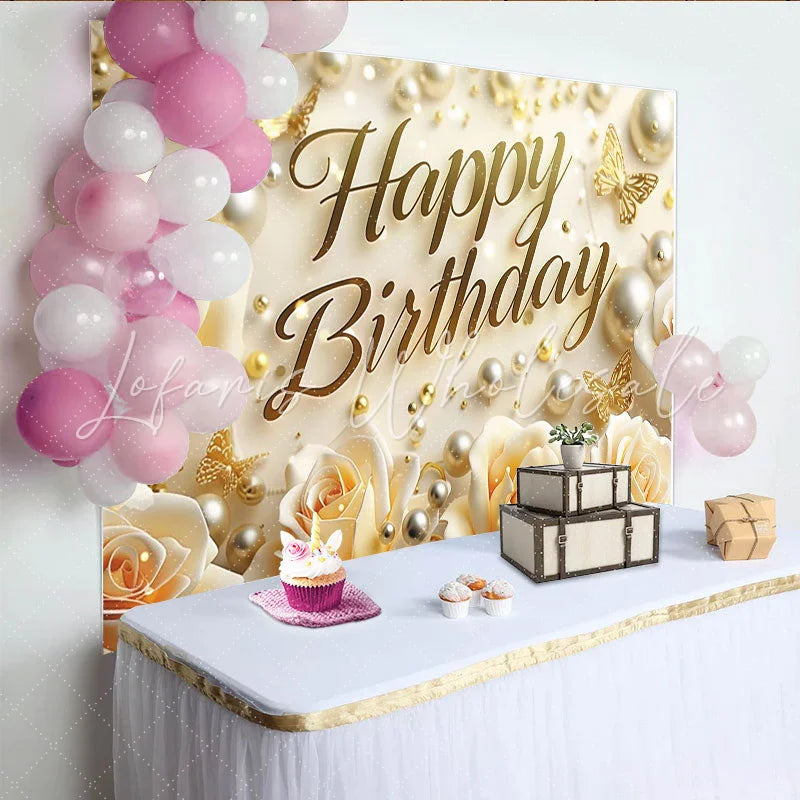 Lofaris Elegant Cream Happy Birthday Backdrop with Golden Butterflies and Pearls Rose Floral Celebration Decor