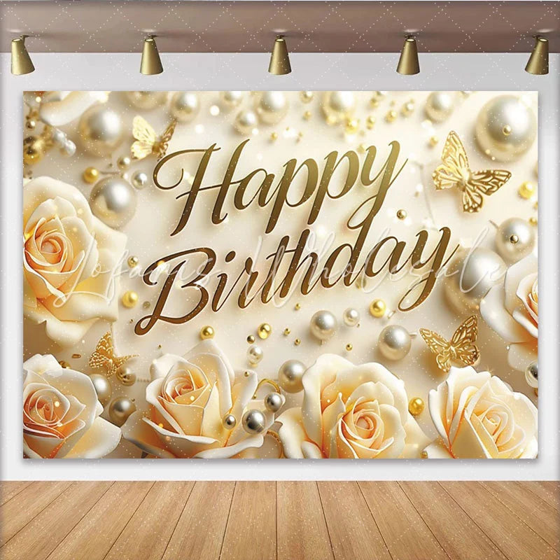 Lofaris Elegant Cream Happy Birthday Backdrop with Golden Butterflies and Pearls Rose Floral Celebration Decor