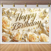 Lofaris Elegant Cream Happy Birthday Backdrop with Golden Butterflies and Pearls Rose Floral Celebration Decor