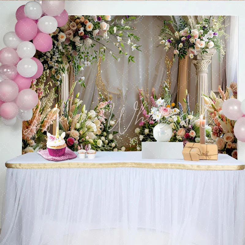 Lofaris Elegant Floral Arch Backdrop White Pillars and Spring Flower Arrangements for Wedding