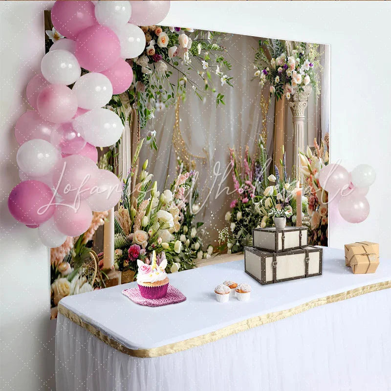 Lofaris Elegant Floral Arch Backdrop White Pillars and Spring Flower Arrangements for Wedding