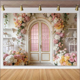 Lofaris Elegant Floral Arch Door Photography Backdrop Pink Roses and Hydrangeas Studio Background for Portraits