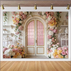 Lofaris Elegant Floral Arch Door Photography Backdrop Pink Roses and Hydrangeas Studio Background for Portraits