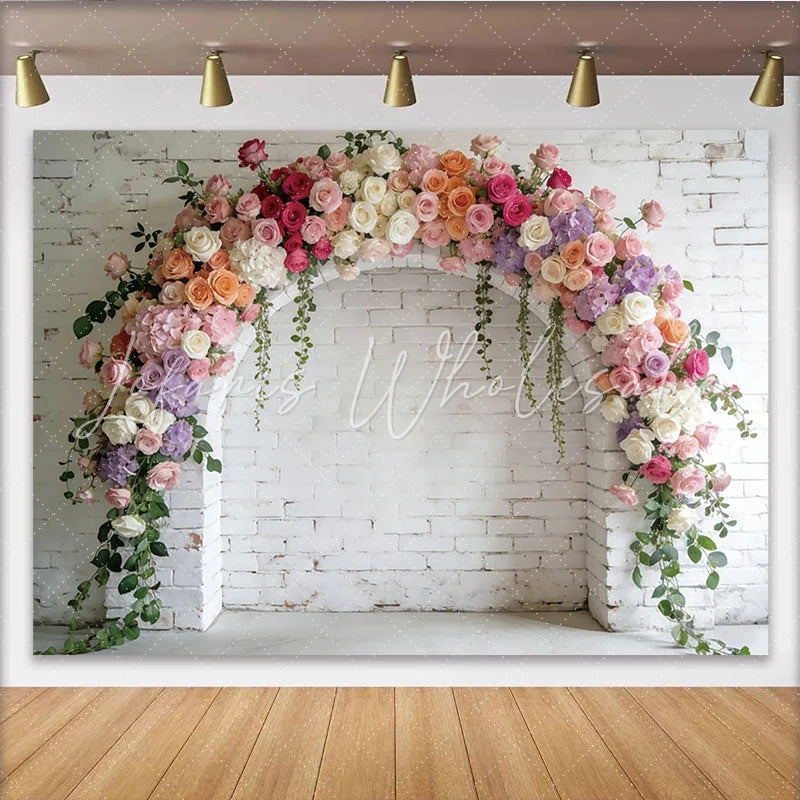 Lofaris Elegant Floral Arch Photography Backdrop with Pink and White Flowers White Brick Wall Background for Photoshoot