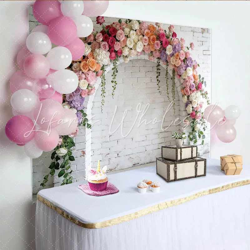 Lofaris Elegant Floral Arch Photography Backdrop with Pink and White Flowers White Brick Wall Background for Photoshoot