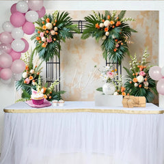Lofaris Elegant Floral Arch Photography Backdrop with Tropical Leaves and White Orange Flowers Beautiful Event Background for Wedding Party