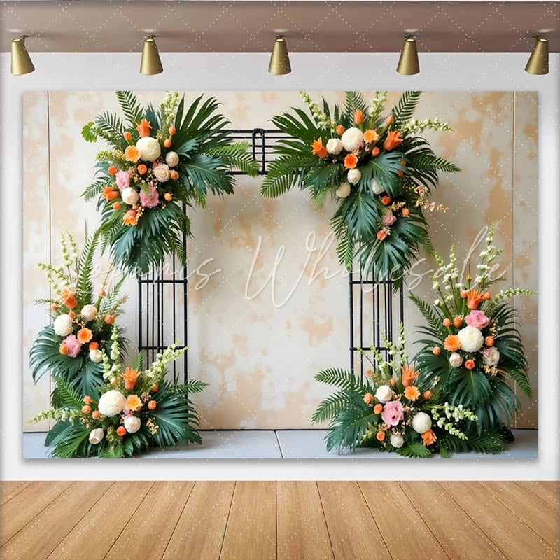 Lofaris Elegant Floral Arch Photography Backdrop with Tropical Leaves and White Orange Flowers Beautiful Event Background for Wedding Party