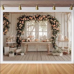 Lofaris Elegant Floral Arch Wedding Backdrop with Peach Roses and Rustic Wood Photo Booth Prop for Bridal Shower and Party Decoration