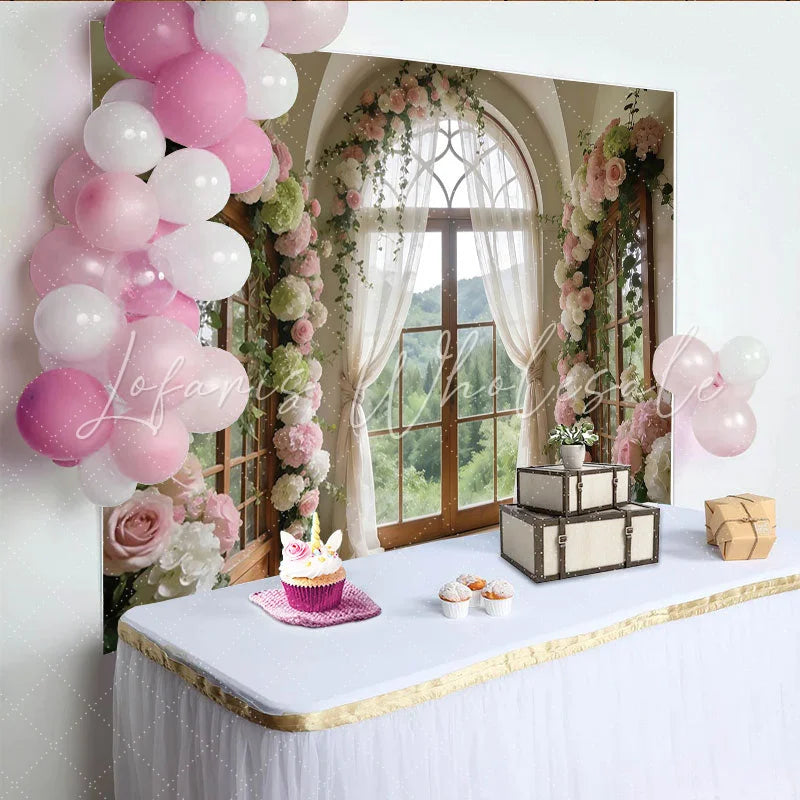 Lofaris Elegant Floral Arch Window Photography Backdrop Romantic Studio Background for Wedding Photoshoot and Event Decor