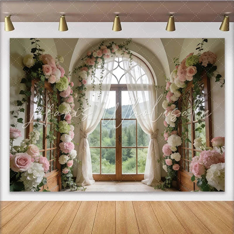 Lofaris Elegant Floral Arch Window Photography Backdrop Romantic Studio Background for Wedding Photoshoot and Event Decor