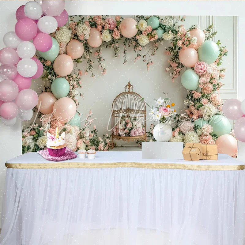 Lofaris Elegant Floral Baby Shower Backdrop with Pink and Mint Balloons Charming Photography Background for Party Decor