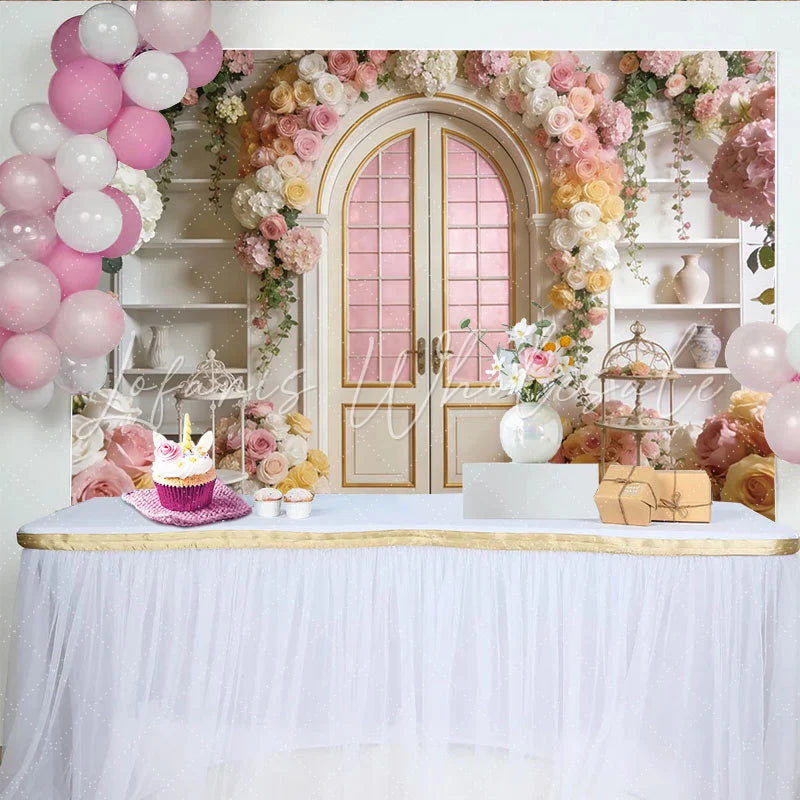 Lofaris Elegant Floral Door Photography Backdrop with Pink and White Roses Romantic Archway Background for Wedding Party Decor