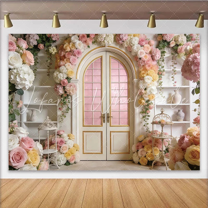 Lofaris Elegant Floral Door Photography Backdrop with Pink and White Roses Romantic Archway Background for Wedding Party Decor