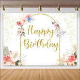 Lofaris Elegant Floral Gold Arch Birthday Backdrop Pink and Blue Flower Glitter Party Decoration for Women