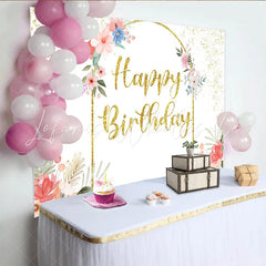 Lofaris Elegant Floral Gold Arch Birthday Backdrop Pink and Blue Flower Glitter Party Decoration for Women