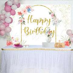 Lofaris Elegant Floral Gold Arch Birthday Backdrop Pink and Blue Flower Glitter Party Decoration for Women
