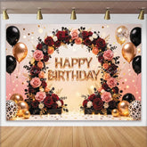Lofaris Elegant Floral Happy Birthday Backdrop with Red Roses and Gold Balloons Festive Party Background for Photoshoot Decor