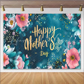 Lofaris Elegant Floral Happy Mother’s Day Backdrop with Pink and Teal Flowers Gold Script Background for Party Decor