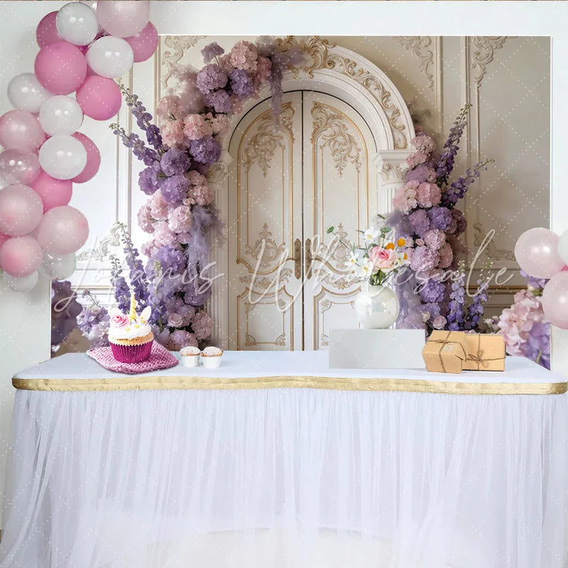 Lofaris Elegant Floral Photography Backdrop with Ornate Arch Door Purple and Pink Flowers Studio Background for Wedding Photoshoot