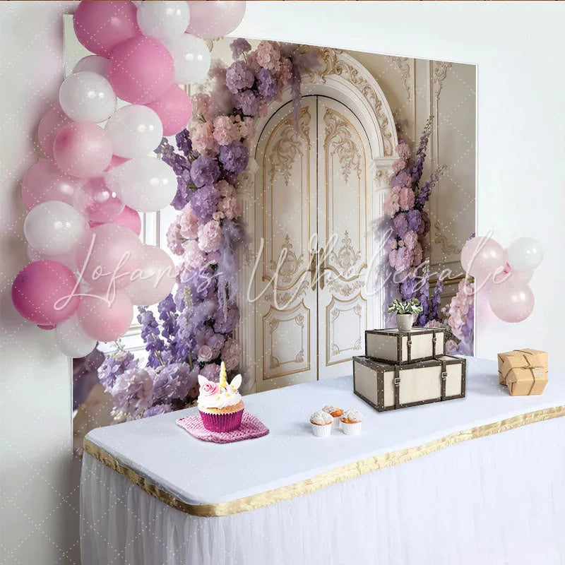 Lofaris Elegant Floral Photography Backdrop with Ornate Arch Door Purple and Pink Flowers Studio Background for Wedding Photoshoot