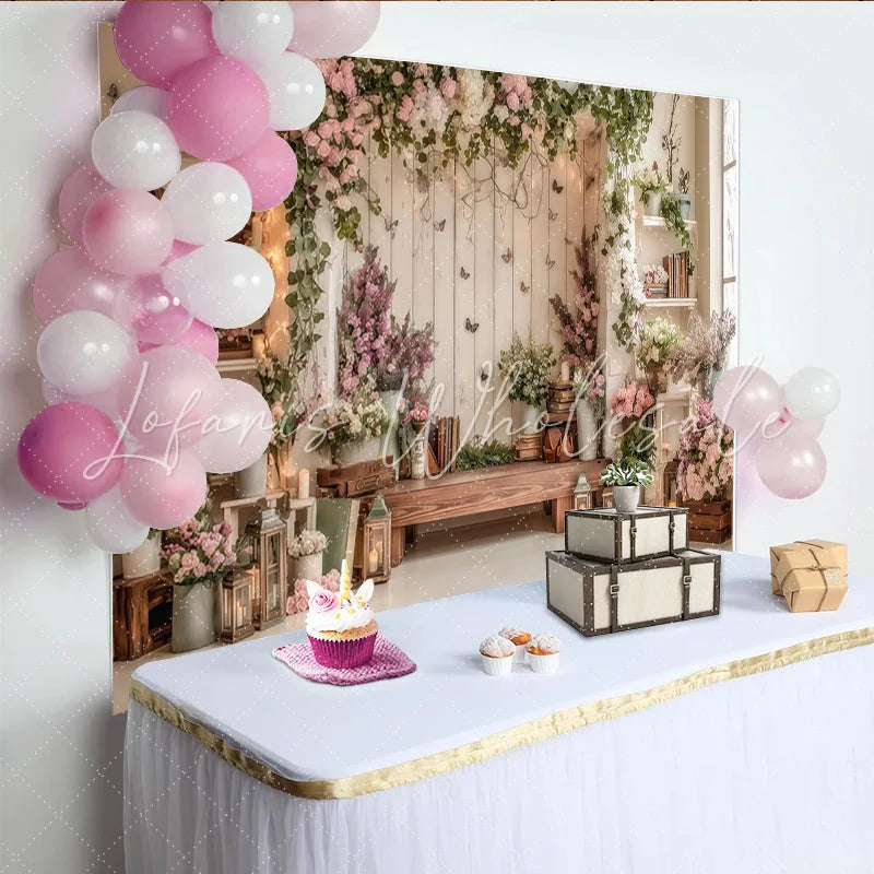 Lofaris Elegant Floral Photography Backdrop with Rustic Wood and Pink Flowers Whimsical Studio Background for Natural Portrait Photoshoot
