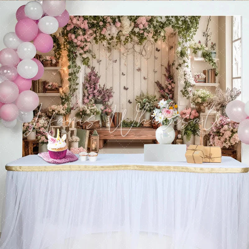 Lofaris Elegant Floral Photography Backdrop with Rustic Wood and Pink Flowers Whimsical Studio Background for Natural Portrait Photoshoot