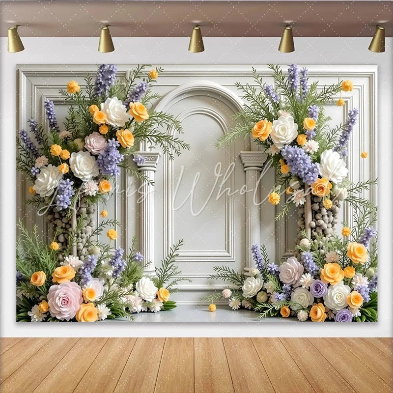 Lofaris Elegant Floral Photography Backdrop with White Arch and Columns Pastel Flowers for Studio Photoshoot and Event Decor