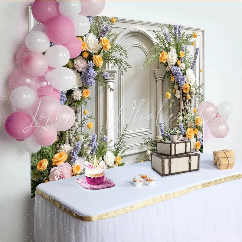 Lofaris Elegant Floral Photography Backdrop with White Arch and Columns Pastel Flowers for Studio Photoshoot and Event Decor