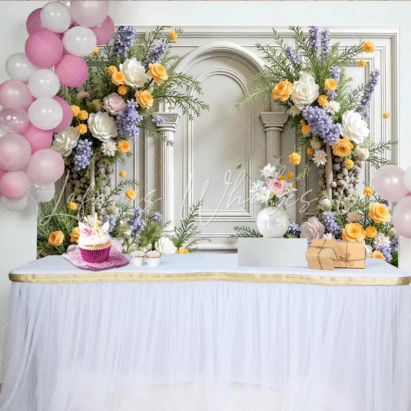 Lofaris Elegant Floral Photography Backdrop with White Arch and Columns Pastel Flowers for Studio Photoshoot and Event Decor