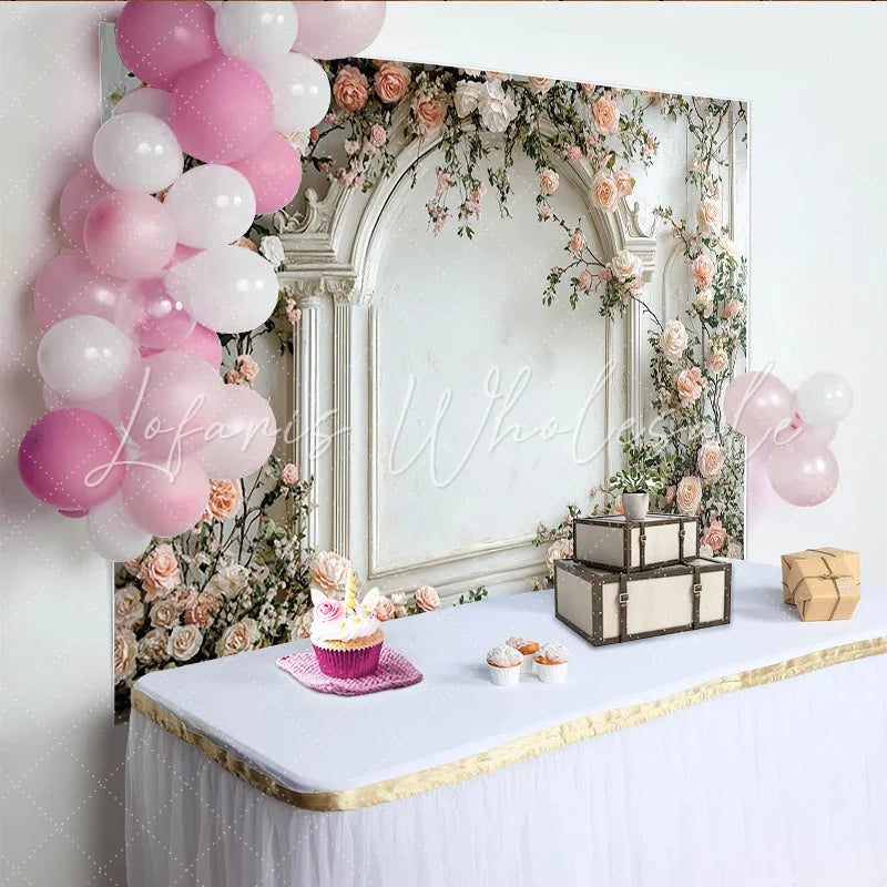 Lofaris Elegant Floral Photography Backdrop with White Arch and Pink Roses Romantic Studio Background for Wedding or Portrait Photos