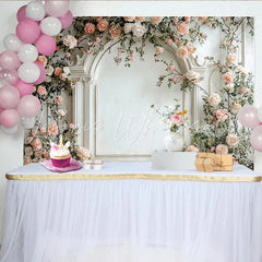 Lofaris Elegant Floral Photography Backdrop with White Arch and Pink Roses Romantic Studio Background for Wedding or Portrait Photos