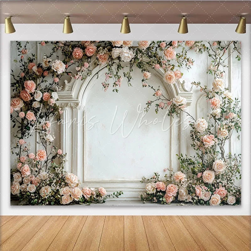 Lofaris Elegant Floral Photography Backdrop with White Arch and Pink Roses Romantic Studio Background for Wedding or Portrait Photos