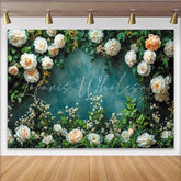 Lofaris Elegant Floral Photography Backdrop with White Roses and Green Leaves Textured Teal Wall Background for Studio Portrait
