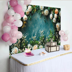 Lofaris Elegant Floral Photography Backdrop with White Roses and Green Leaves Textured Teal Wall Background for Studio Portrait