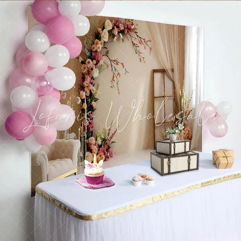 Lofaris Elegant Floral Room Set Backdrop Cream Chair and Arch Flower Photography Background