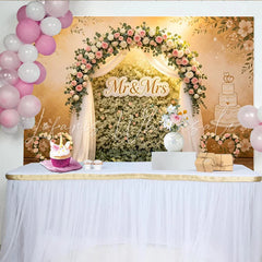 Lofaris Elegant Floral Wedding Backdrop with Pink Roses and Mr and Mrs Sign Beautiful Wedding Cake Background for Romantic Event Photography