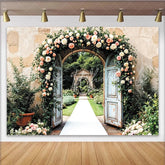 Lofaris Elegant Floral Wedding Backdrop with Rustic Doors and Pink Flowers Beautiful Garden Photography Background for Romantic Events