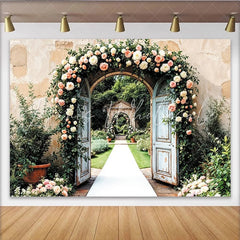 Lofaris Elegant Floral Wedding Backdrop with Rustic Doors and Pink Flowers Beautiful Garden Photography Background for Romantic Events