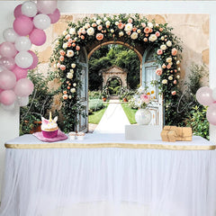 Lofaris Elegant Floral Wedding Backdrop with Rustic Doors and Pink Flowers Beautiful Garden Photography Background for Romantic Events