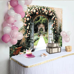 Lofaris Elegant Floral Wedding Backdrop with Rustic Doors and Pink Flowers Beautiful Garden Photography Background for Romantic Events