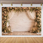 Lofaris Elegant Floral Wedding Backdrop with Rustic Wood and Sheer Drapes Romantic Photography Background for Event Decor