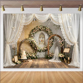 Lofaris Elegant Floral Wedding Backdrop with Stained Glass Window and Sheer Drapes Romantic Photography Background for Event Decor