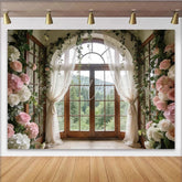 Lofaris Elegant Floral Window Photography Backdrop with Arch and Forest View Beautiful Photo Studio Background for Wedding or Bridal Shower