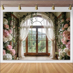 Lofaris Elegant Floral Window Photography Backdrop with Arch and Forest View Beautiful Photo Studio Background for Wedding or Bridal Shower