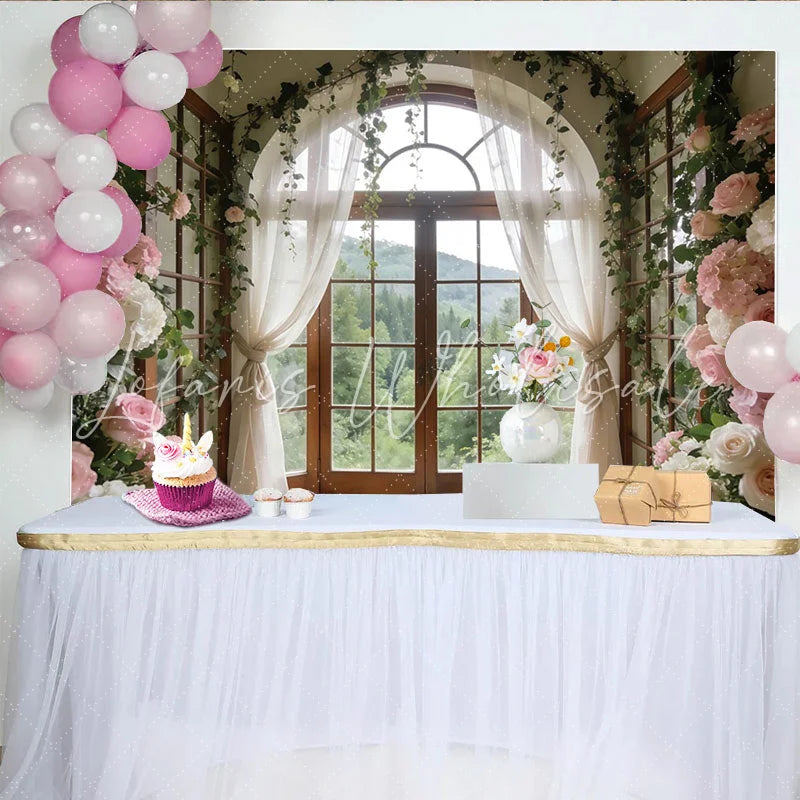 Lofaris Elegant Floral Window Photography Backdrop with Arch and Forest View Beautiful Photo Studio Background for Wedding or Bridal Shower