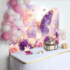 Lofaris Elegant Glitter Pink Purple Butterfly Floral Photography Backdrop Dreamy Rose Flower Background for Girls Birthday Party Decor