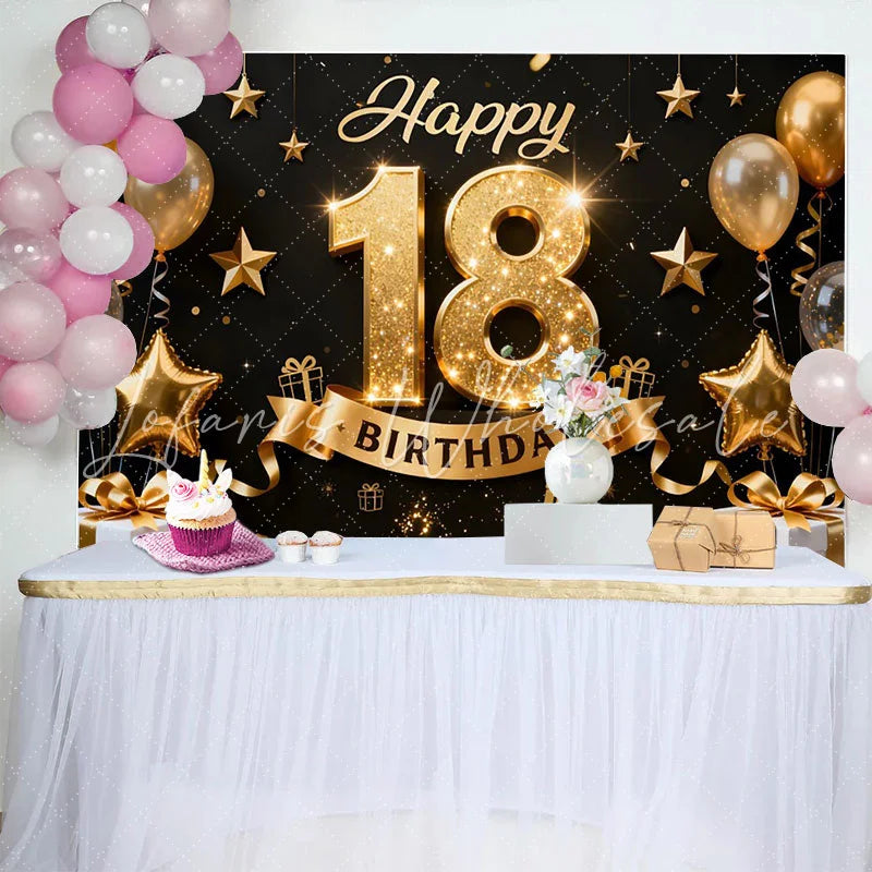 Lofaris Elegant Gold 18th Happy Birthday Backdrop Golden Star Balloons and Gift Boxes Background Milestone Decor