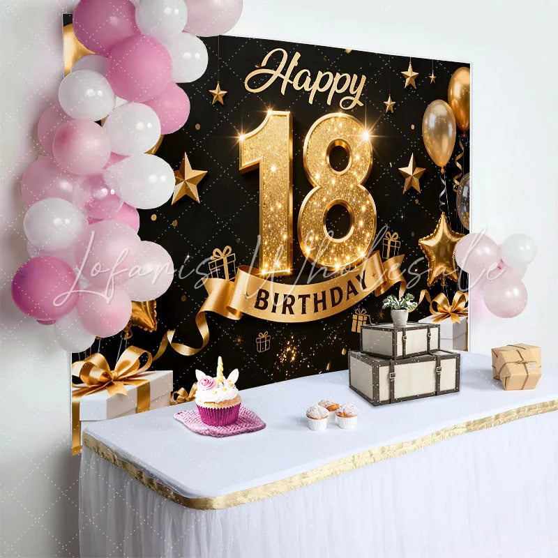 Lofaris Elegant Gold 18th Happy Birthday Backdrop Golden Star Balloons and Gift Boxes Background Milestone Decor