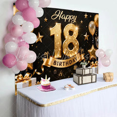 Lofaris Elegant Gold 18th Happy Birthday Backdrop Golden Star Balloons and Gift Boxes Background Milestone Decor