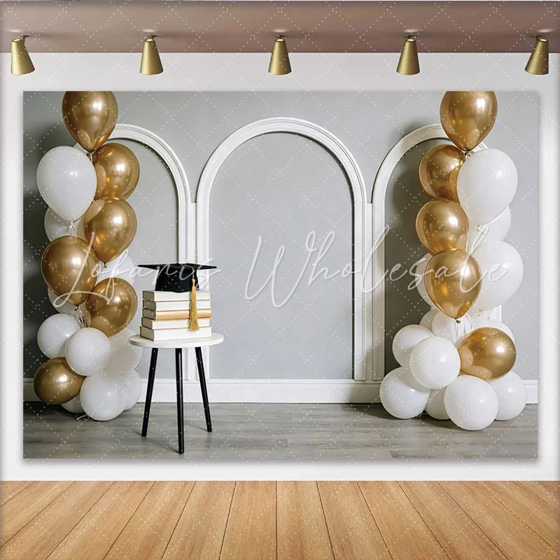 Lofaris Elegant Gold and White Balloons Graduation Backdrop with Books and Cap Arch Wall Background for Party Photoshoot
